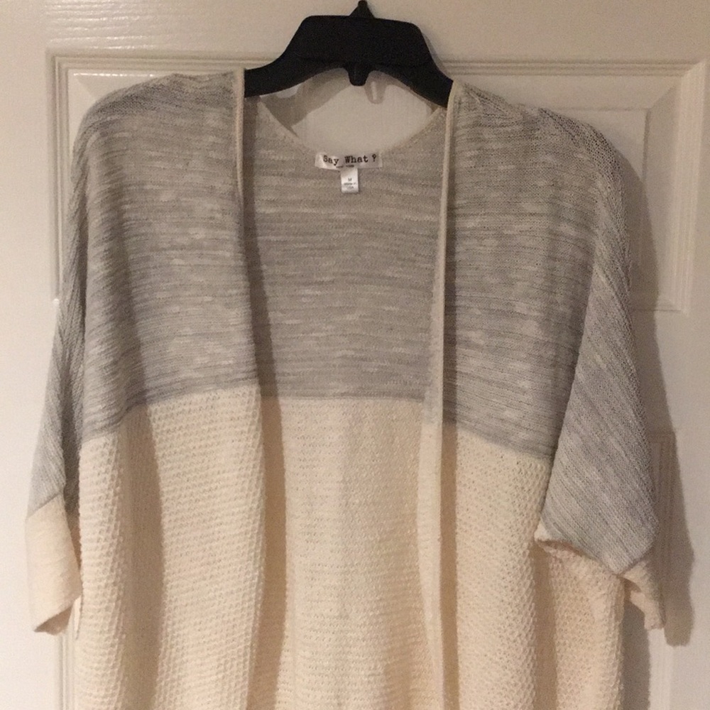 Gray and cream sweater.  3/4 sleeve.